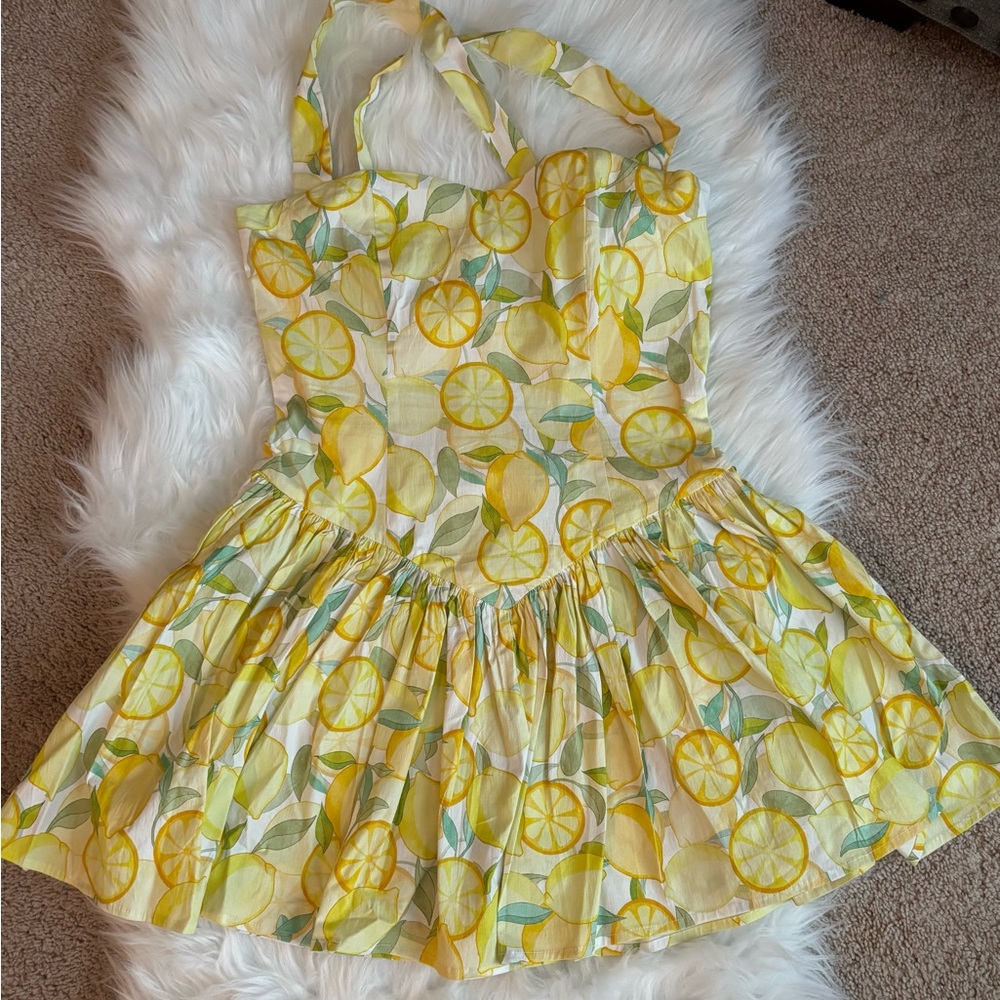 Avec Les Filles Lemon Print Sundress / Romper Halter Top Size 6 worn once